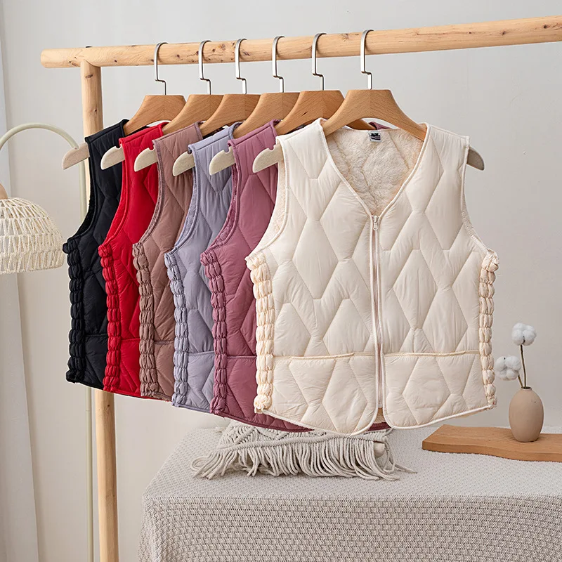2026 Autumn Winter Fleece Waistcoat Women Lightweight Down Cotton-padded Vest Top Bottom Short Zipper-up Slim Sleeveless Jackets