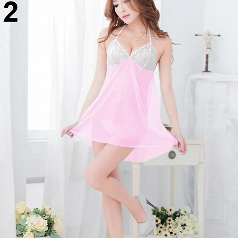 

Women Sexy Low-cut See Through Sleepwear Dress Underwear + G-String Thongs Set Sexy Lingerie Lace Nightdress
