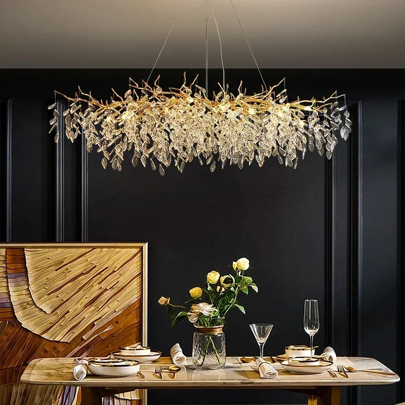 Luxury Dining Room Branch Pendant Lights Lustre Crystal Led Hanging Lamp Post Modern E14 Suspend Lamp Gold Droplight Fixtures