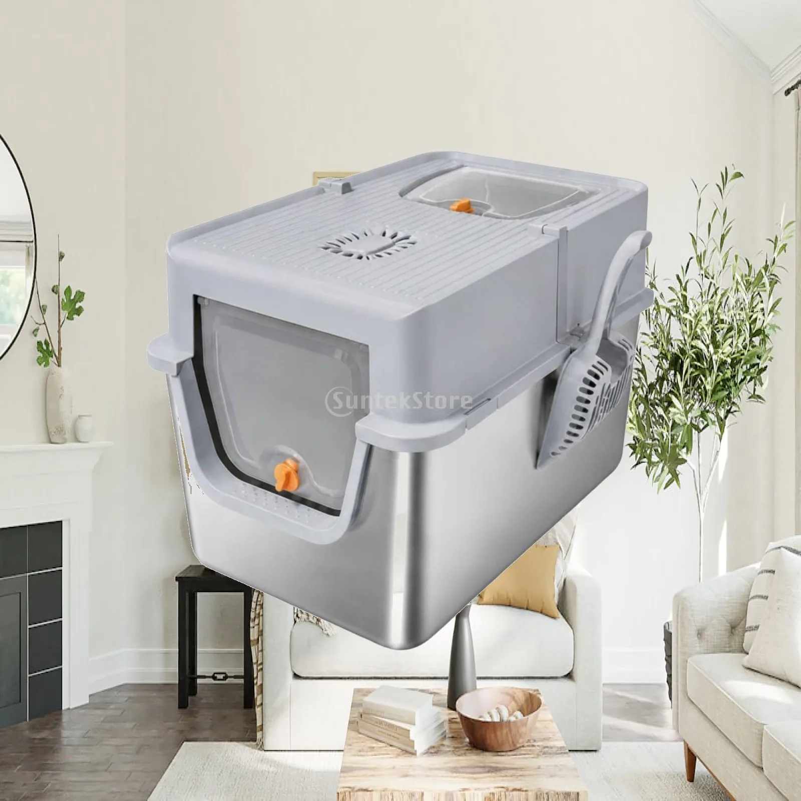 XL Stainless Steel Cat Toilet with Top Cover and Swing Gate for Odor Control and Mess Prevention