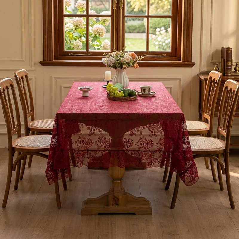 French Style Embroidered Lace Tablecloth Burgundy Hollow Rectangular Table Cover Elegant Floral Decor Table Cloth for Home