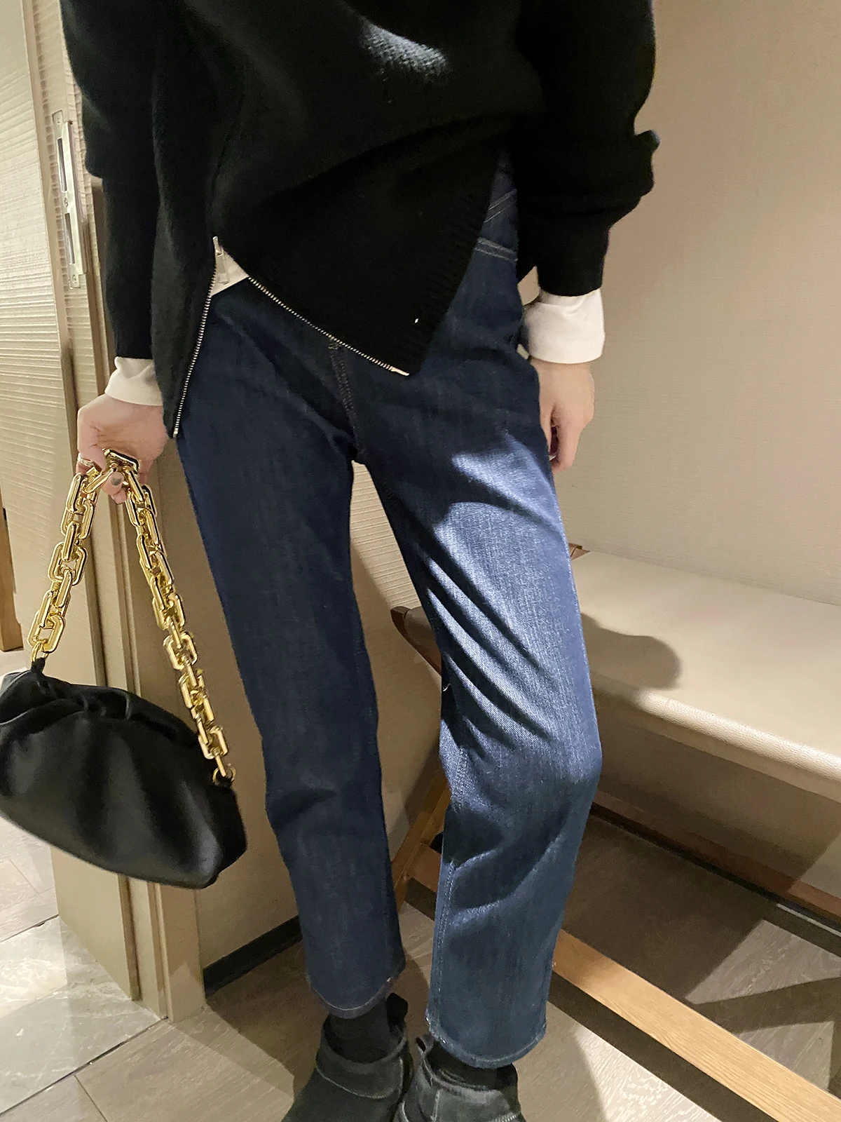 

Джинсы с высокой талией, на флисовой подкладке, прямого кроя, длиной 7/8, зимние, в стиле Harlan Carrot, укороченные, с зауженными штанинами