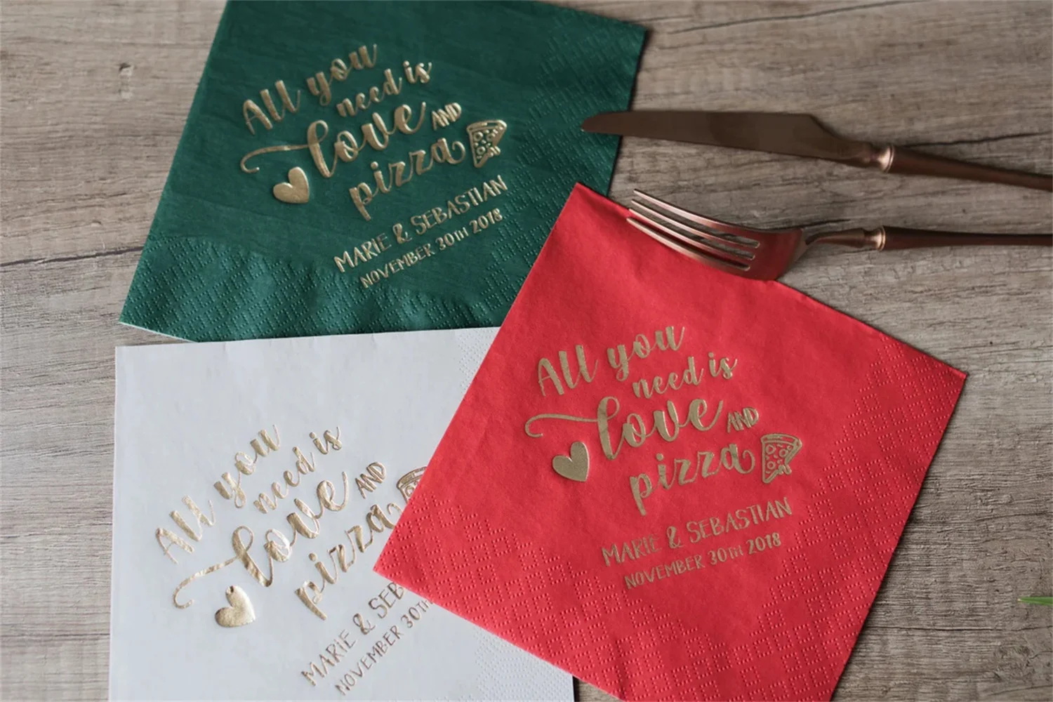 50 PCS custom napkins, all you need is love and pizza, Personalized Napkins, Event Favors, Party Napkins, Rehearsal Dinner, Brid