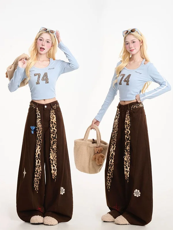 

plus Size American Leopard Print Belt Embroidered Denim Pants Women's Loose Wide Leg Pants Drapey Knife Pants Autumn