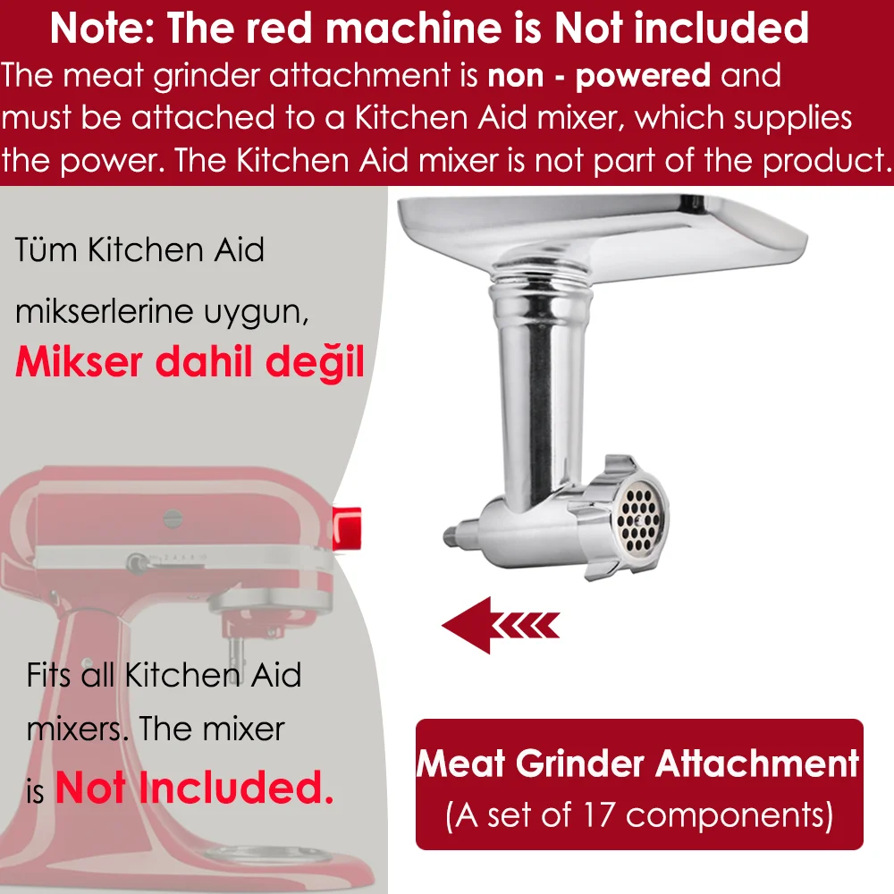 Metall-Zubehör für Küchenmaschinen, geeignet für alle Küchenmaschinen der Marke KitchenAid, Fleischwolf, Wurstfüllgerät (Küchenmaschine der Marke KitchenAid nicht im Lieferumfang enthalten). – Detail 1
