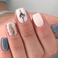 24pcs Short Square Round False Nails French Silver Sequins Glitter Fake Nails Full Cover Detachable Nail Tips Press on Nails