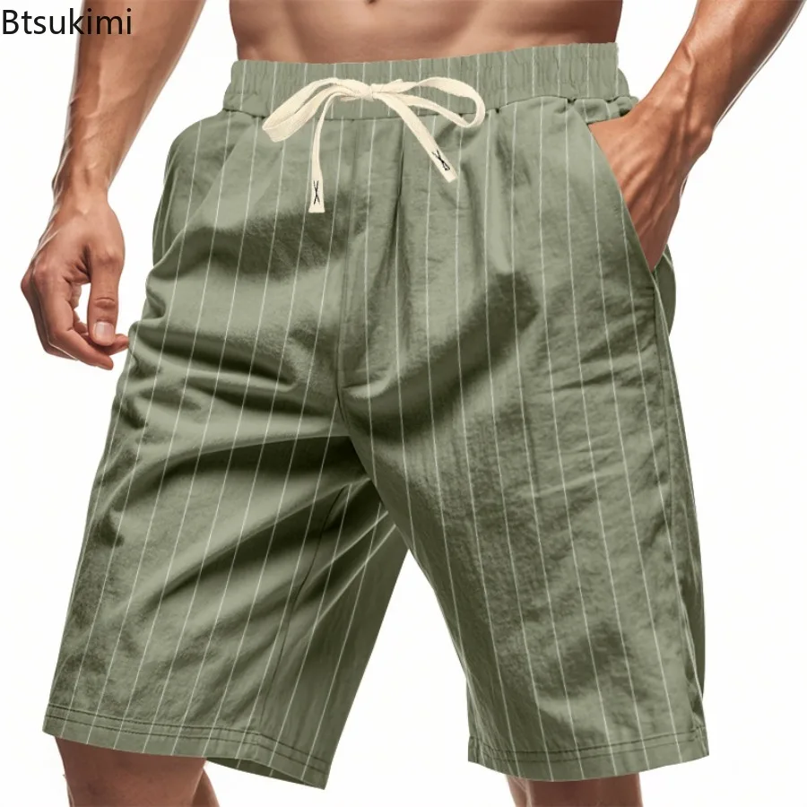Summer Men's American Linen Shorts Men's Loose Beach Breathable Striped Tether Five Points Shorts Comfortable Breathable Garment