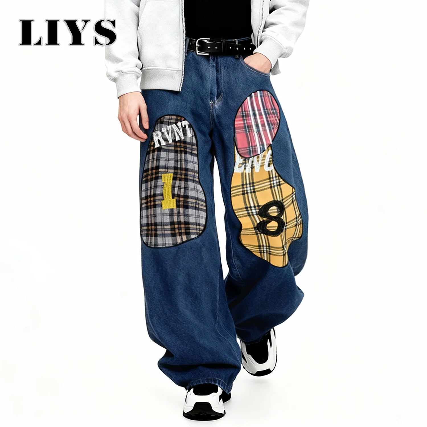 جديد الرجال الموضة الأزرق الرجعية فضفاض واسعة الساق الجينز الكورية الشارع منقوشة التصحيح النسيج العصرية العلامة التجارية الدنيم السراويل للجنسين الذكور الملابس #6