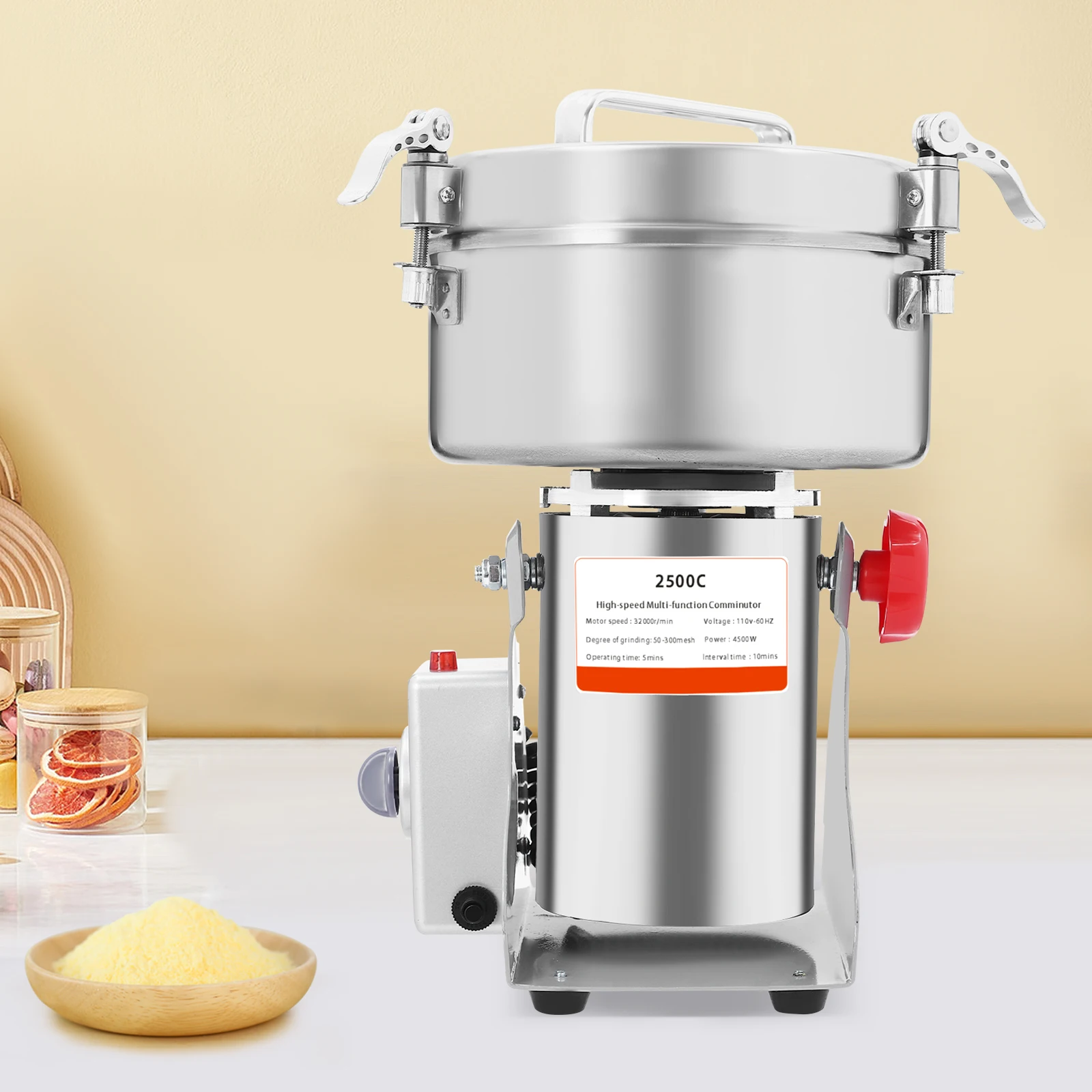 Electric Grain Mill (Grist Mill) with Stainless Steel Grinding Parts, Adjustable Coarseness for Wheat, Corn, Oats, Easy to Clean