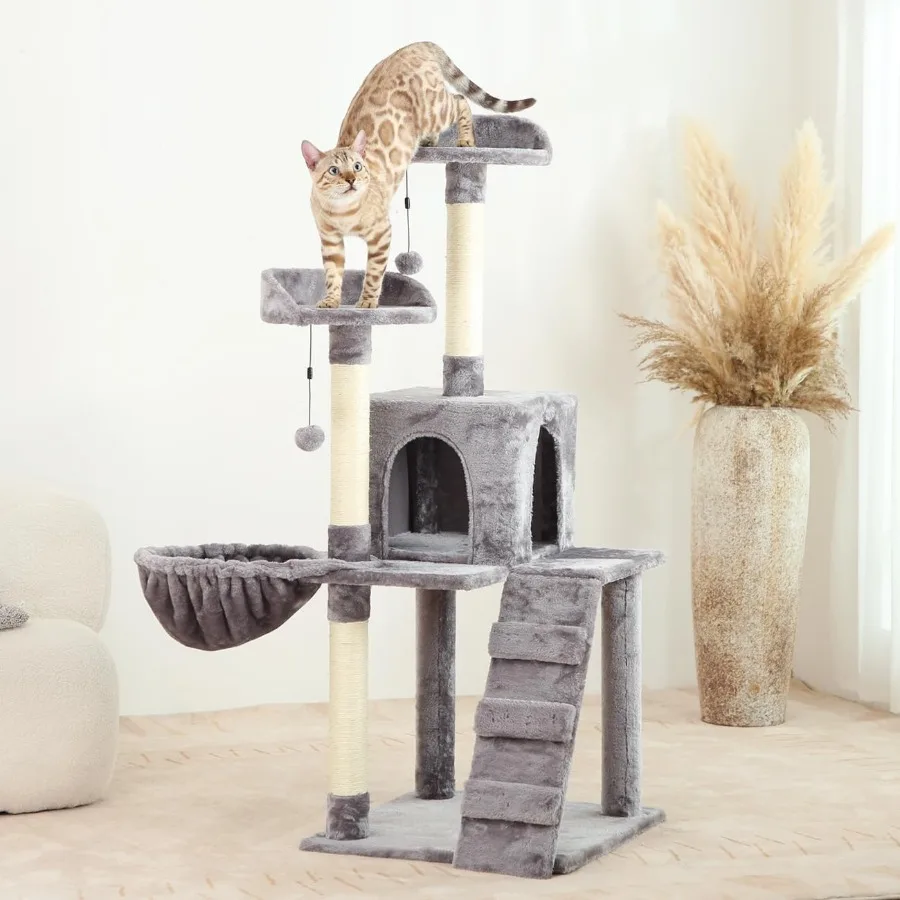 

54in Tall Cat Tree Cat Tower Condo Furniture with Natural Sisal Rope Scratch Post Plush Perch Hammock Cradle for Cats and Kitte