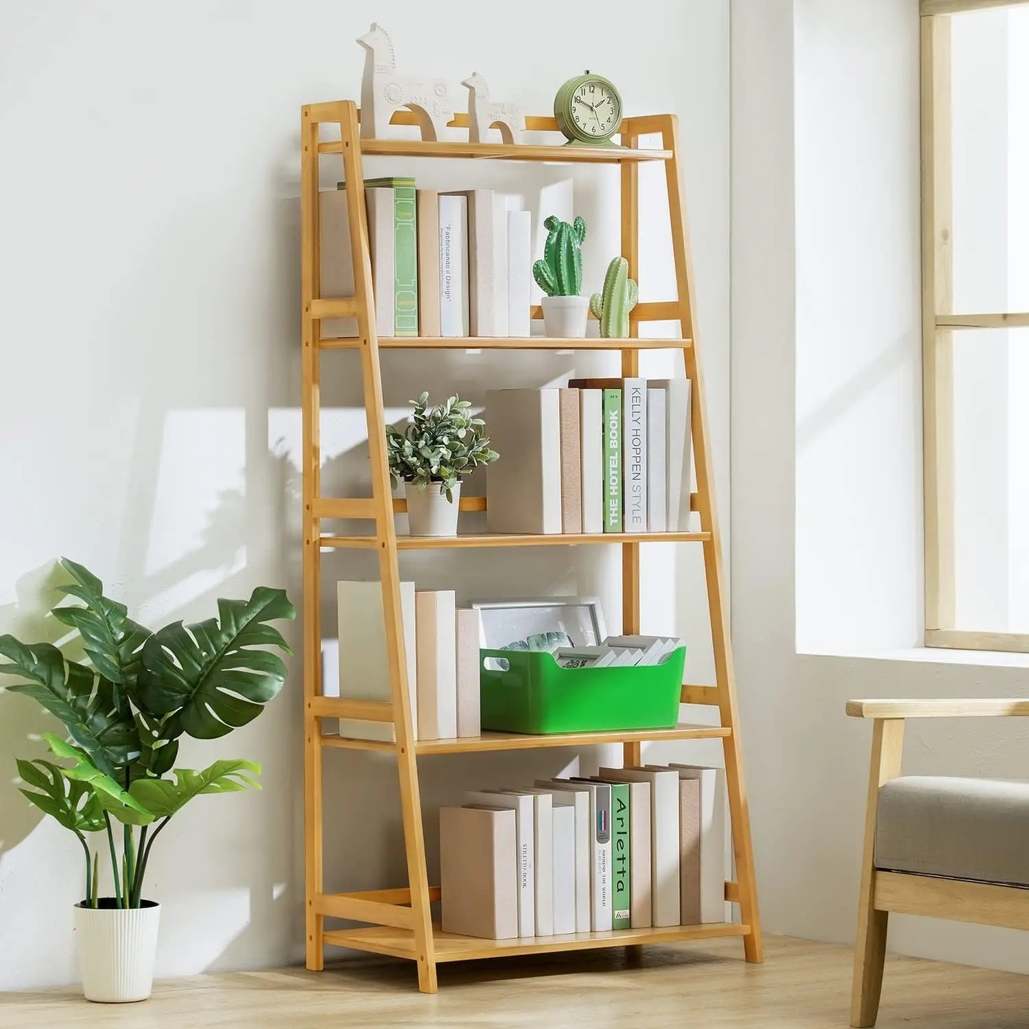 Ladder Shelf, Bamboo 5 Tier Multi-Functional Book Shelf Storage Rack Organizer, Plants Stand Display Shelf for Living Roon Garde