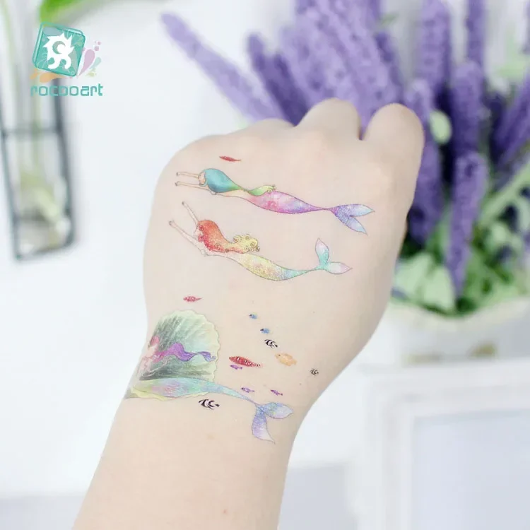 Rocooart New Cartoon Temporary Tattoo Mermaid Fake Tattoo Colorful Kids Taty For Children Present Ocean Animals Flash Tatoo Hand