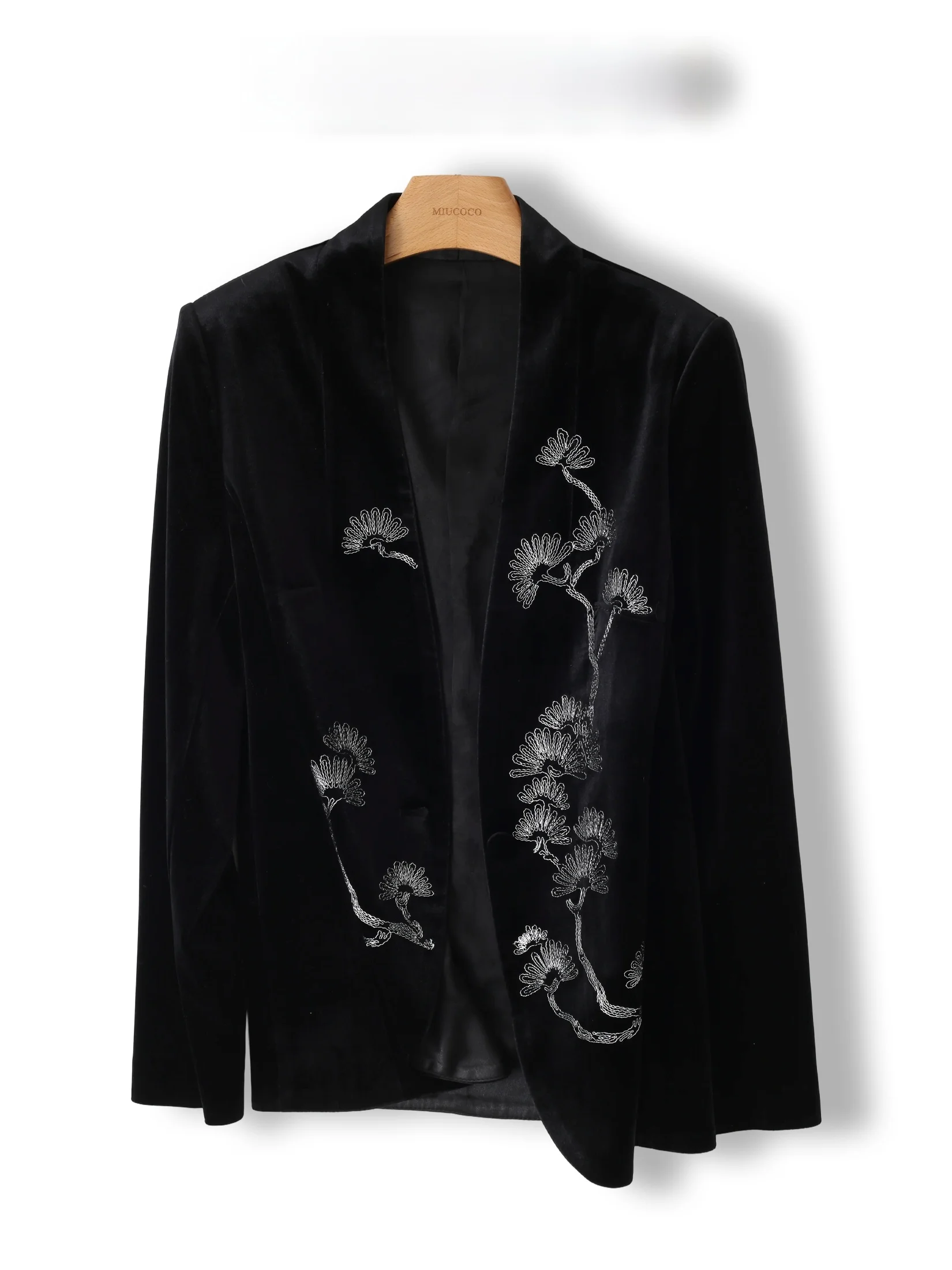 Elegant Velvet Embroidered Leaf Flower  Jacket Women's Slim Fit No Collar Trendy Chinese Style Long Sleeve Coat