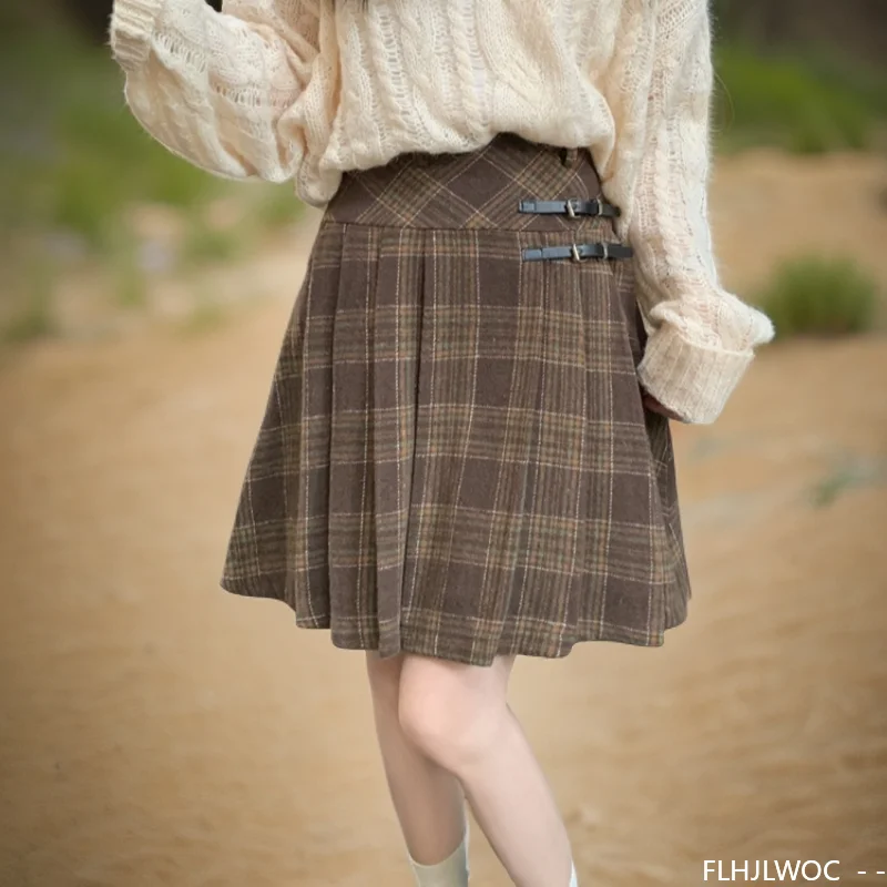 Woolen Skirts New Fashion 2025 Autumn Winter Basics Woman Cute Sweet Girls Japan Preppy Style Retro Vintage Plaid Mini Skirt
