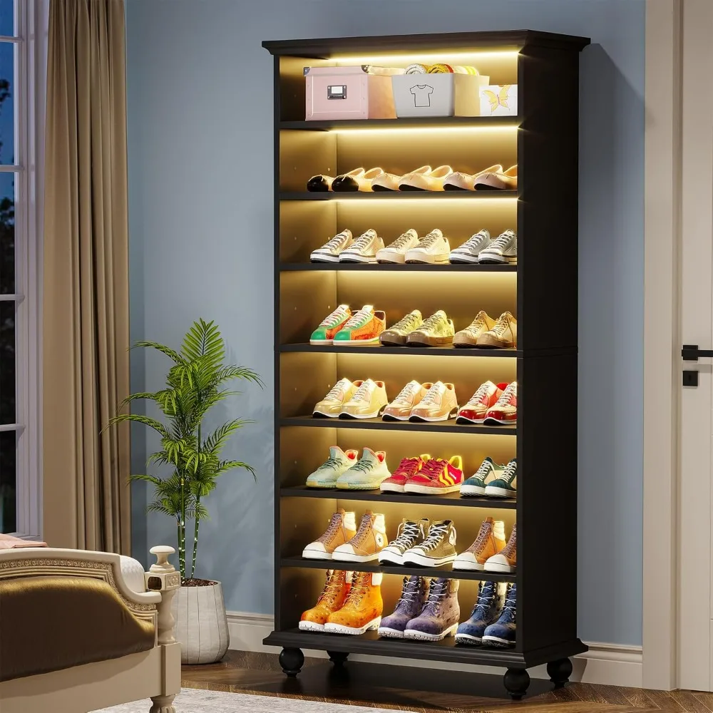 Narrow Tall Shoe Cabinet with LED Lighting, 9-Tier 30 Pairs Freestanding Shoes Storage Cabinet, Wood Shoe Organizer Cabinet