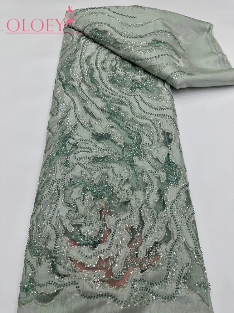 

OLOEY French Beaded Sequins Lace Fabric High Quality 5 Yard Mesh Tulle African Lace Fabric Nigerian Wedding Dress for Women