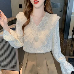 Fashion Long Sleeve V-Neck Women Blouse Lace Beading Blouse Shirt Women Tops Blouses Shirts Blusas Para Mujer Camisas Blusa M657