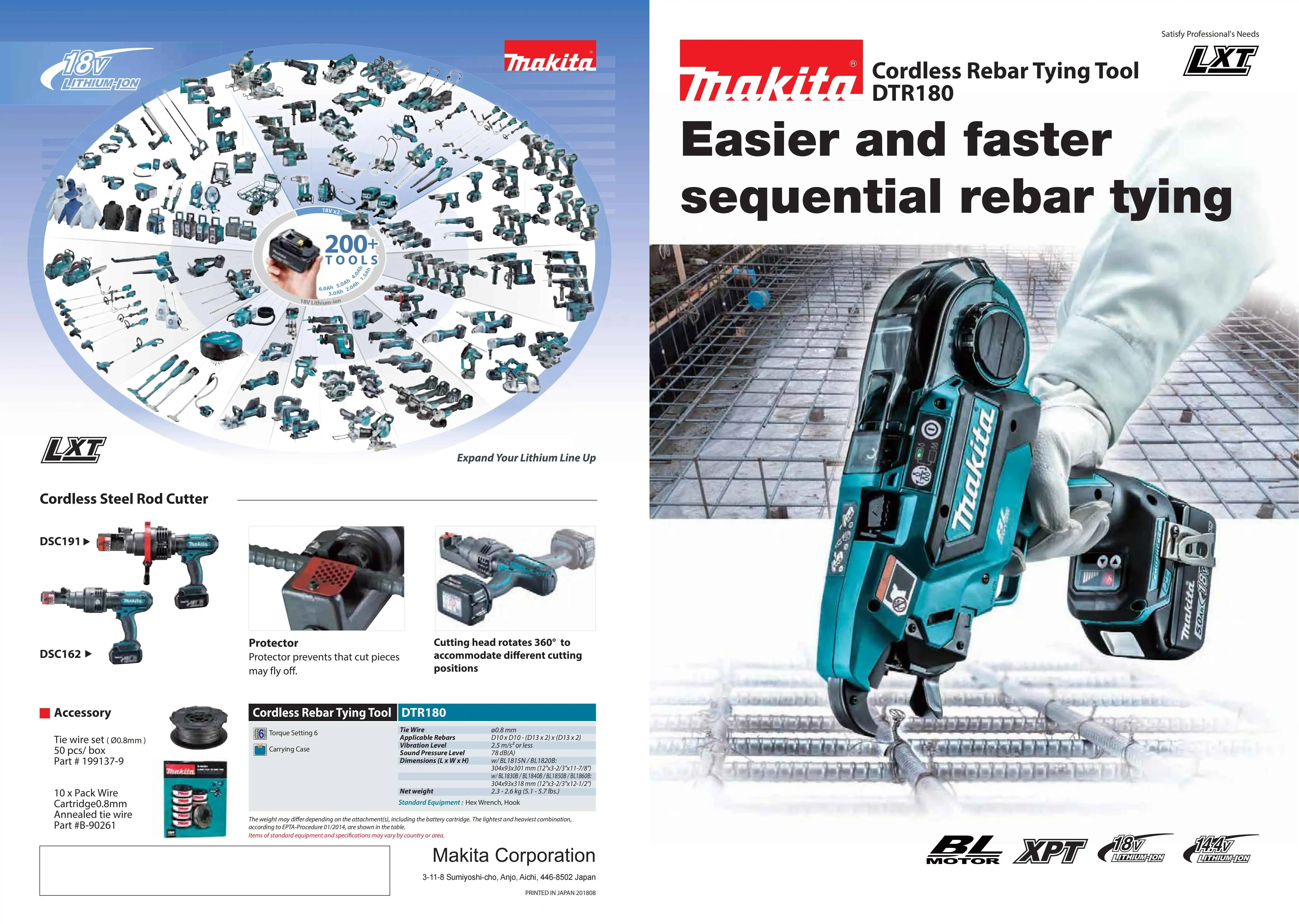 Makita DTR180ZJ LXT Brushless Cordless Rebar Tying Tool 18V Professional Lithium Power Tools Construction Site Reinforcement