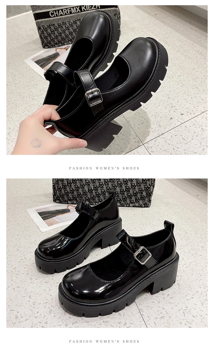 Lackleder High Heels Mary Jane Schuhe Damen Japanischer Stil Knöchelschnalle Plateaupumps Frau Punk JK Uniform Lolita Schuhe 43 – Detail 5