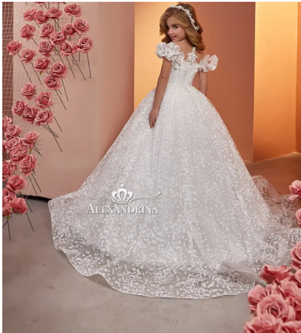 

Luxury Ivory Flower Girl Dresses for Wedding Beading Children Birthday Pageant Gowns Sheer Neck Kids First Communion Dresses