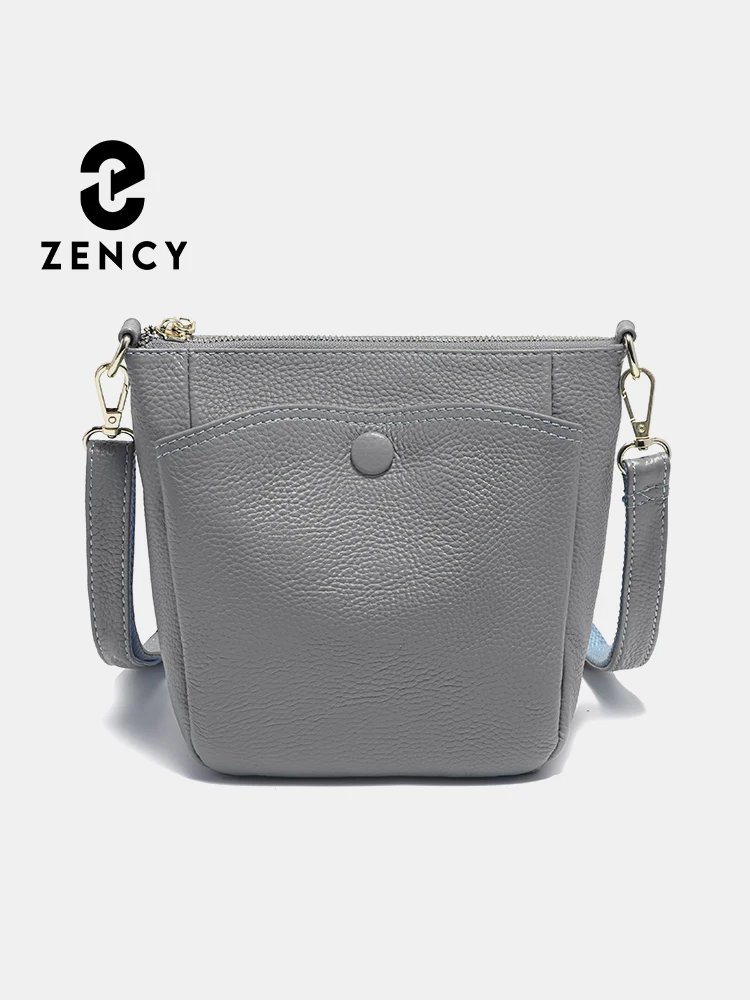 Zency Laides Small Soft Genuine Leather Handbag Casual Women Crossbody Bag Simple Bucket Bag For Phone Female Purses Grey Bag