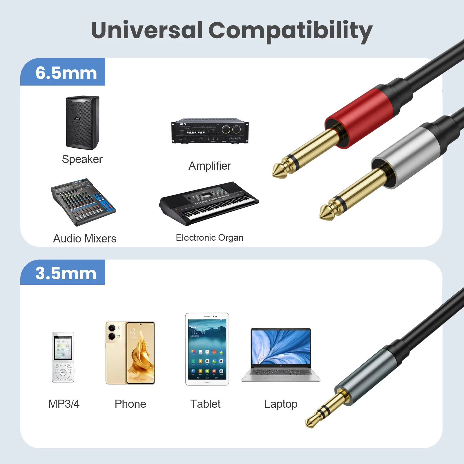 3pole 3.5mm 1/8 TRS To Dual 6.35mm 1/4 TS 6.5 Mono Y Cable Splitter Cable Compatible with IPhone IPod,Laptop,CD Players