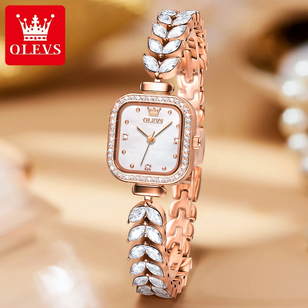 OLEVS 9987 Original Quartz Watch for Women Diamond Mermaid Stainless steel Wristwatch Luxury Square Diamond Dial Ladies\' Watches