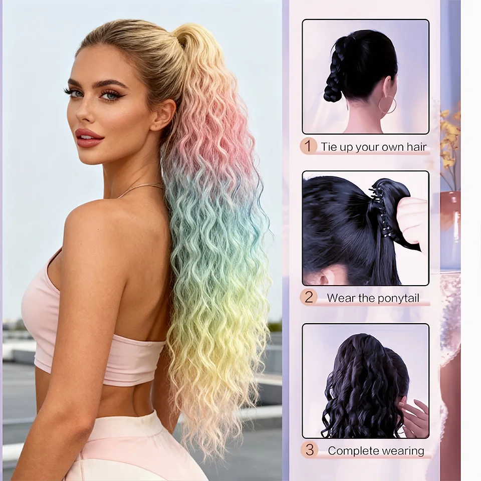 

Rainbow Colored 26 inch Real Dyed Synthetic Claw Super Long Wavy Ponytail Extension Water Wave PonyTail Clip in Hair Extensions