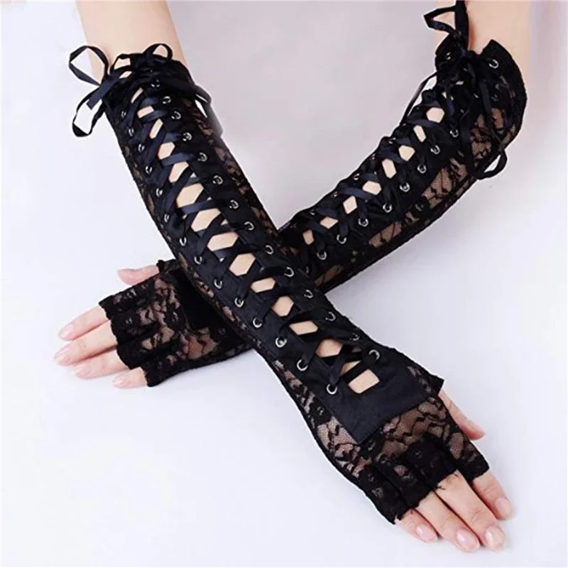 

Women Sexy Floral Lace Elbow Length Half-Finger Gloves Black String Ribbon Ties Up Dance Party Fingerless Fishnet Mesh Mittens