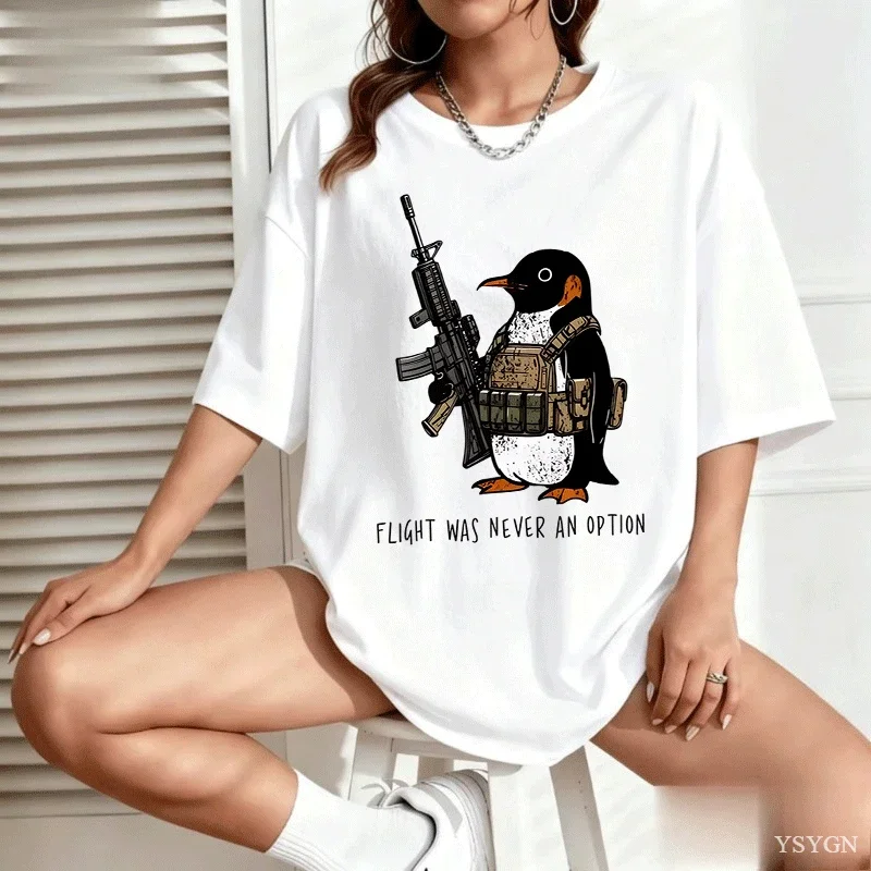 Tactical Penguin Printed T Shirt Cotton Funny Flight Was Never An Option Tee Funny Military Animal T-Shirt Cotton Loose Clothes