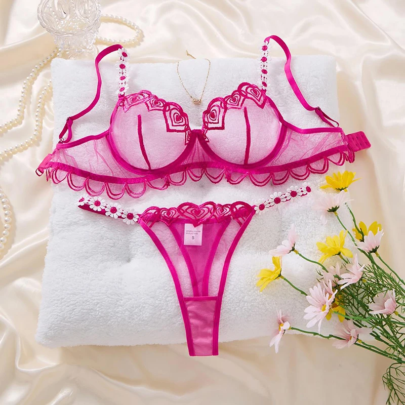 

Lingerie for Ladies Rose Red Romantic Women's Underwear Heart Embroidery Mesh Bralette Set Transparent Underwear Sexy Lingerie