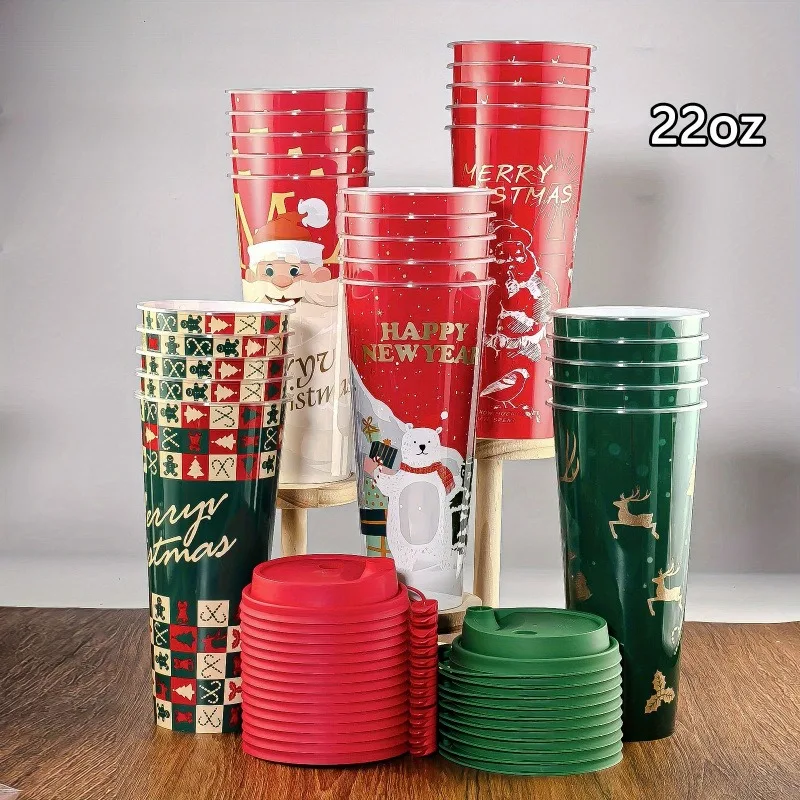 25 قطعة أكواب القهوة القابل للتصرف لعيد الميلاد مع غطاء 22 أوقية فقاعة كوب شاي بالحليب مانعة للتسرب المشروبات الساخنة/الباردة قابلة لإعادة الاستخدام كوب حفلة عيد الميلاد