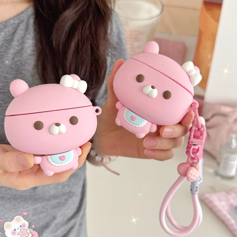 3D Cute Pink Bear For AirPods Case with Lanyard for AirPods 3 4 Pro Pro 2 Pro 3, Kawaii Soft Silicone Shockproof Cover