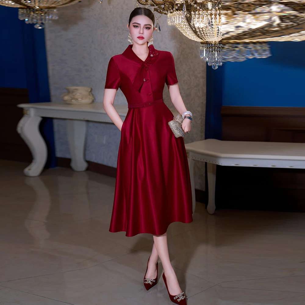 

ZJYT Elegant Spring Summer Dresses for Women Red Pink Party Special Occation Short Sleeve Vestidos Midi Dress Female 2026 New