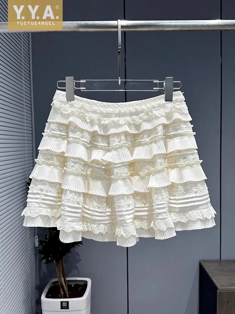 2025 Women Korean Style Bead Ruffles Tiered Skirt Elastic High Waist A-Line Easy Match Party Sweet Princess Above Knee Skirts