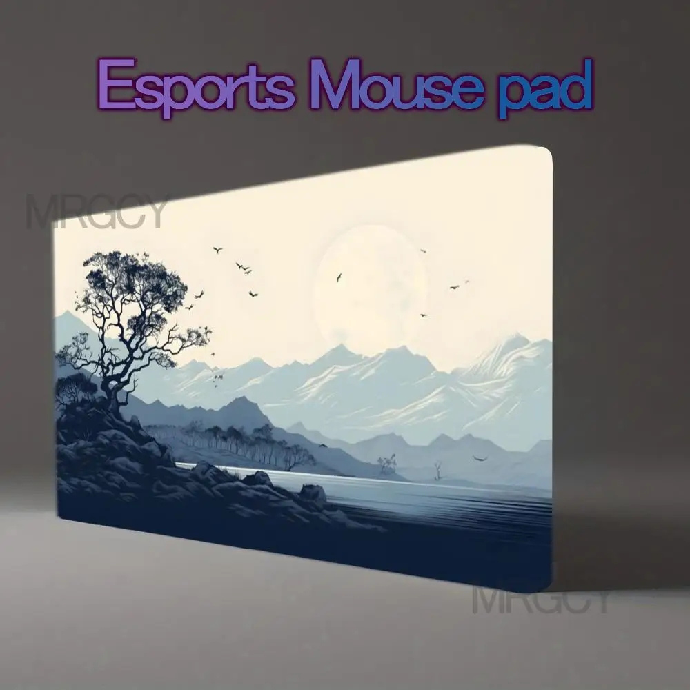 Moonlit Mountain Lake Landscape TCG Playmat Old Lone Tree Flying Birds Calm Retro Blue Tone Art Non‑Slip Desk Mat for Card Game