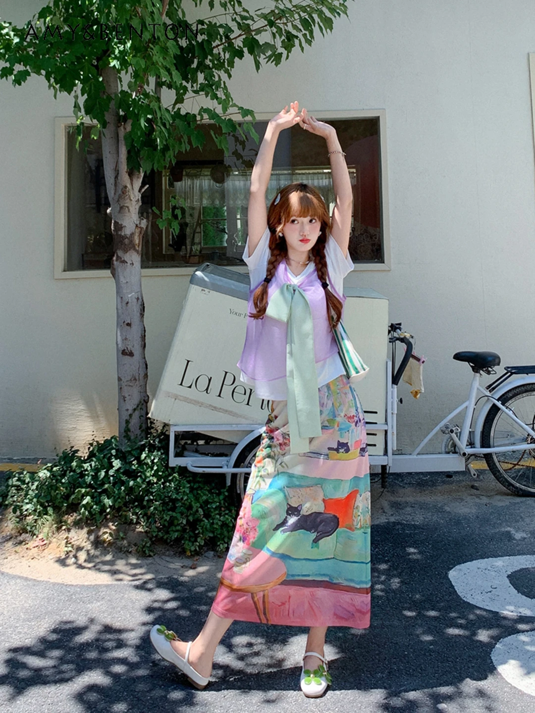 

2025 Summer New Women's High-Waisted Slimming Cute Colorful Multiple Patterns Print Creative Casual Stretchy Long Skirt