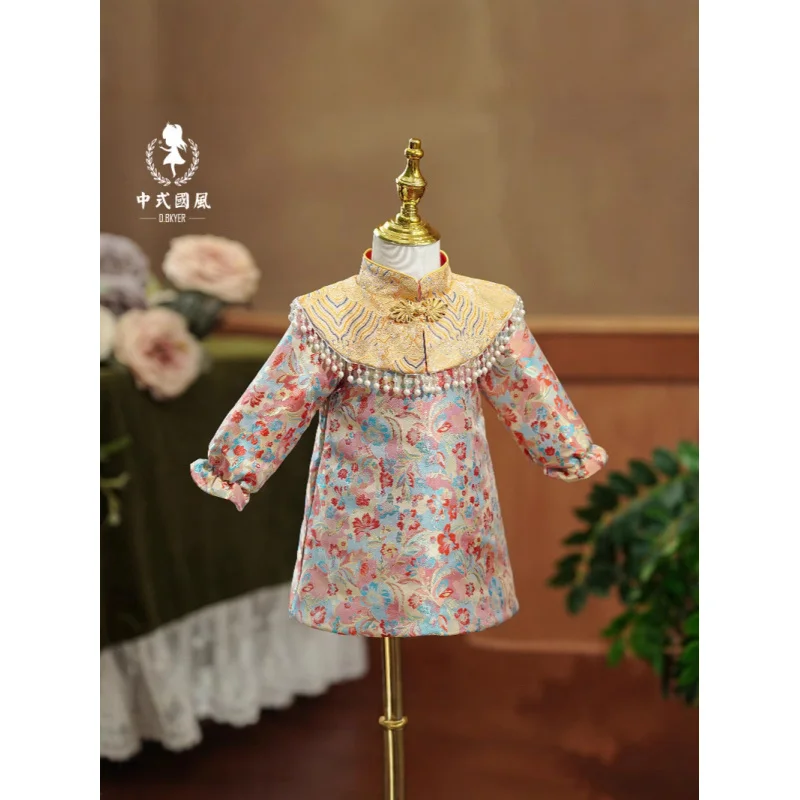 2025Girls' New Year-Old Zhuazhou Banquet National Fashion Tang Suit Embroidered Pearl Shawl Princess Gown Dress1-3Years Old