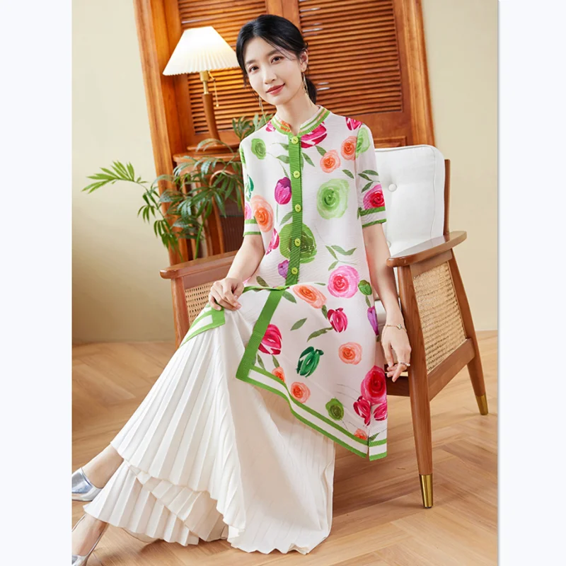 Summer Dress Women 2024 New Fashion Floral Printed Short Sleeved Stretch Miyake Pleated Loose Shirt Dresses