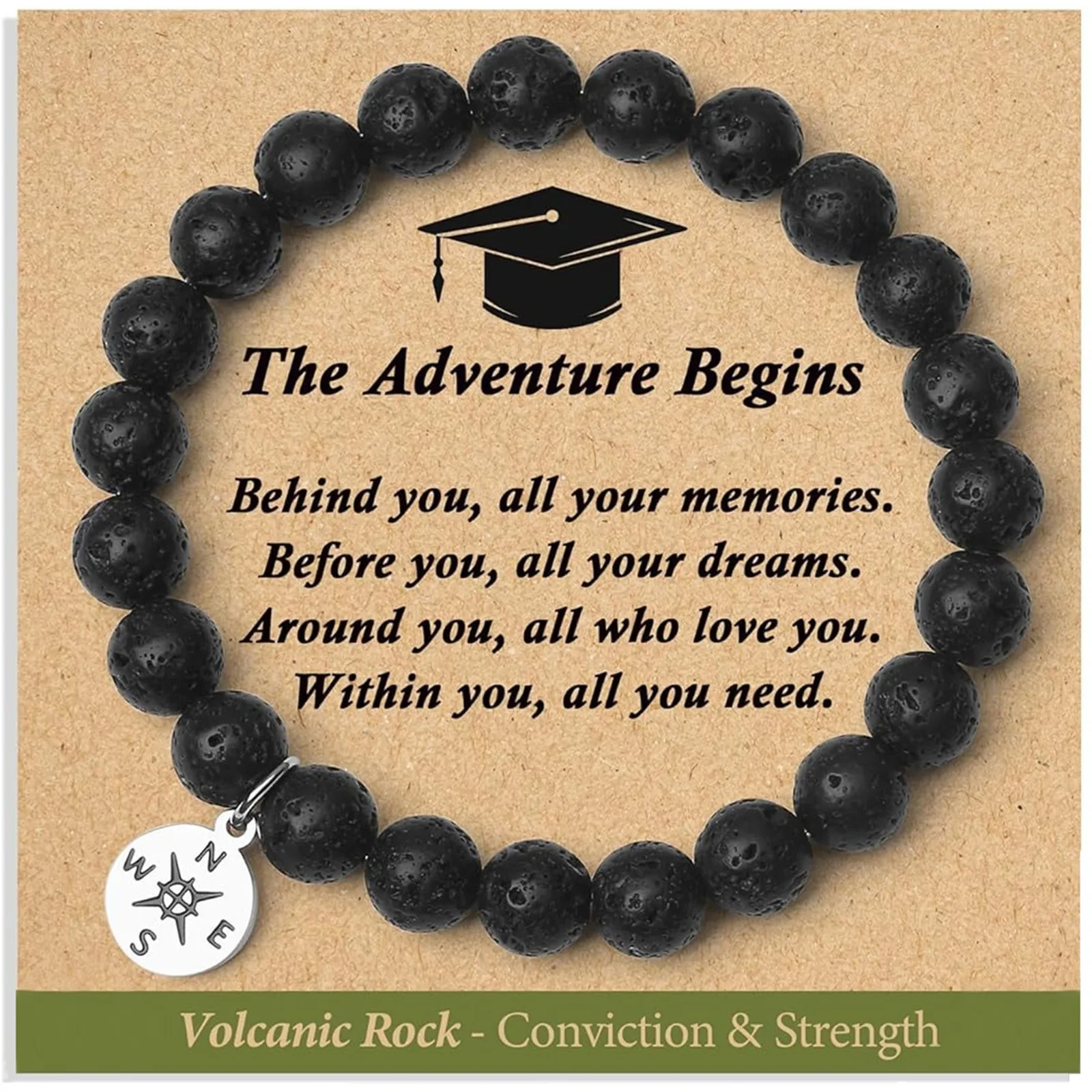 Volcanic Rock Bracelet The Adventure Begins Inspirational Beaded Jewelry Conviction Strength Compass Charm Wristband 2026 T1