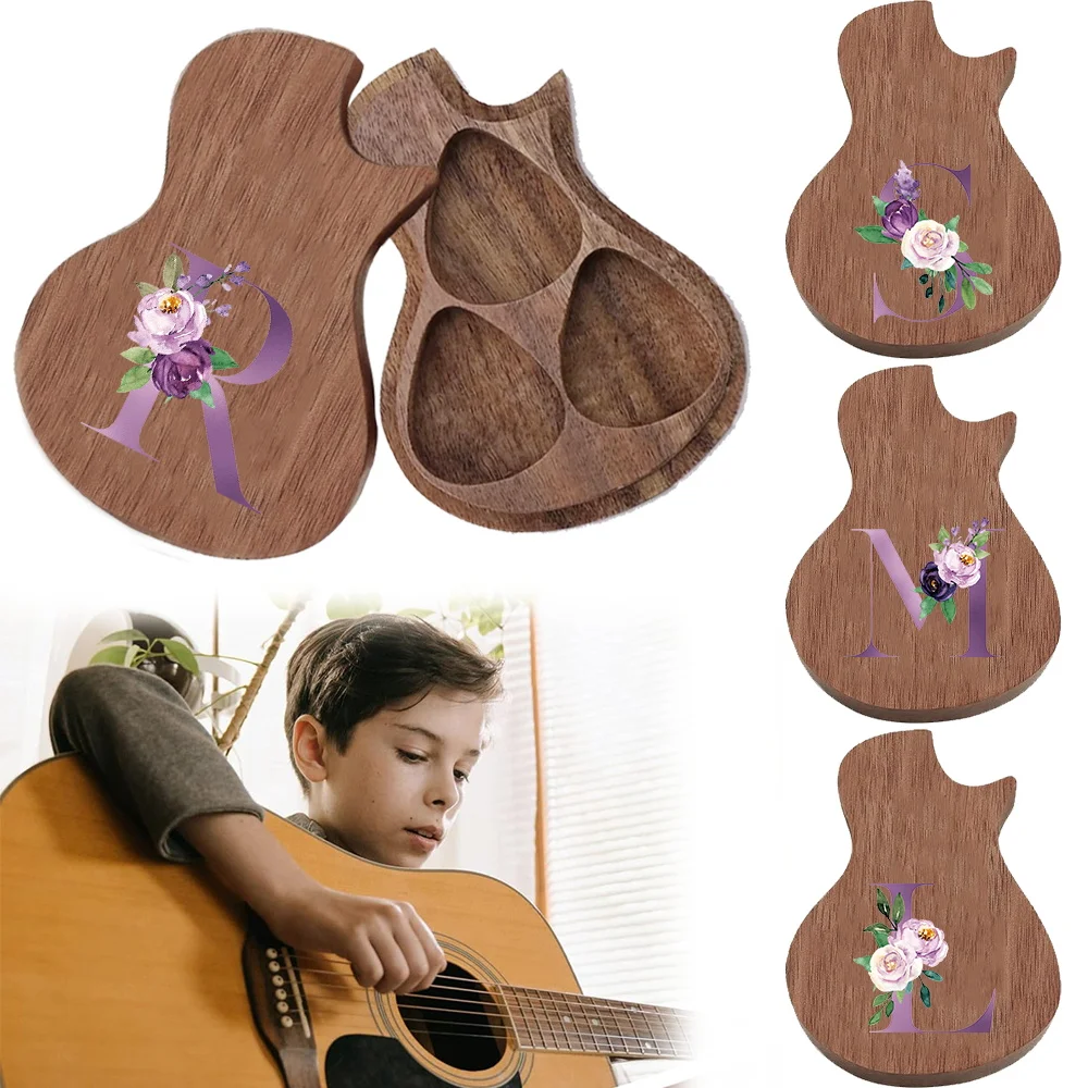 

1pc Wooden Guitar-Shaped Picks Box Suitable For All Guitar Types Lightweight Easy To Carry Initial Name 26 Letters Pattern