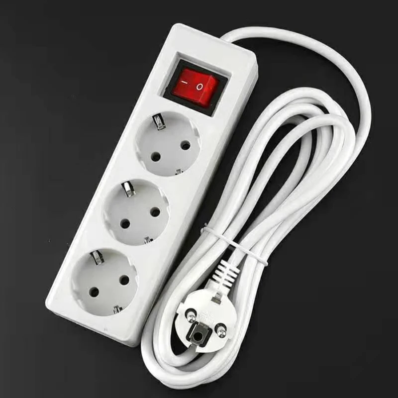 EU Home Standard German Type Power Strip 3/ Sockets in Row Flat Adapter Light Switch with Surge Protector Extension Cable