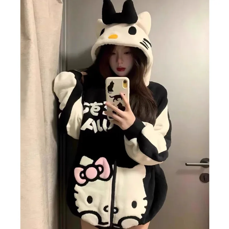 Sanrio Hello Kitty Embroidered Cartoon Hooded Coat Y2k Sweet Cute Zip-up Jacket for Women Plush Cotton Trend Thick Clothes