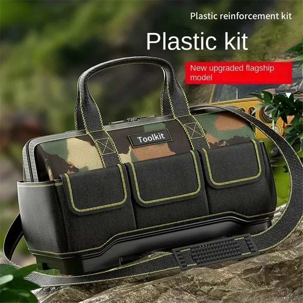 

Electrician Tool Storage Organizer with Plastic Bottom Tool Bag Shoulder Strap Multiple Pockets Waterproof Tool Pounch