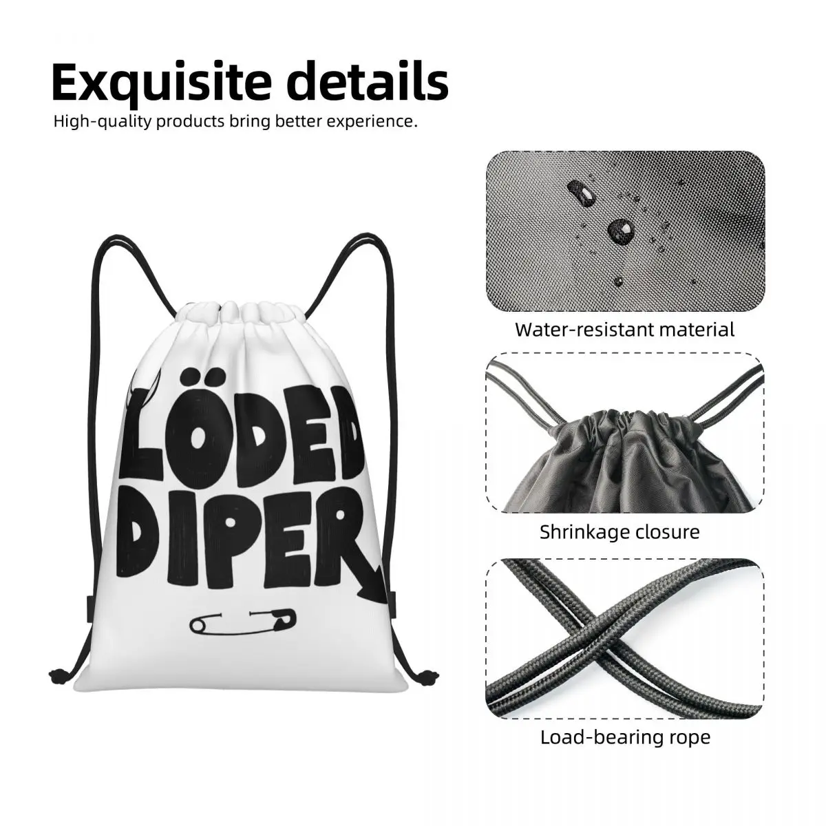 Music Loded Diper Rock Band Drawstring Backpack Gym Sports Sackpack String Bags for Travel