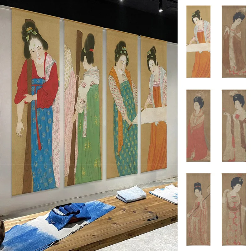 Ancient Court Ladies Figure Sheer Partition Curtain Chinese Ink Painting Wall Hanging Tapestry for Home Hotel Wall Art Decor