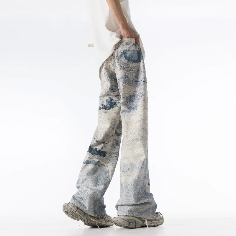 Pantalones de mezclilla de lona gruesa con impresión 3D personalizada de alta gama, la tendencia de versión coreana de hip-hop, pantalones vaqueros sueltos de motorista para hombres