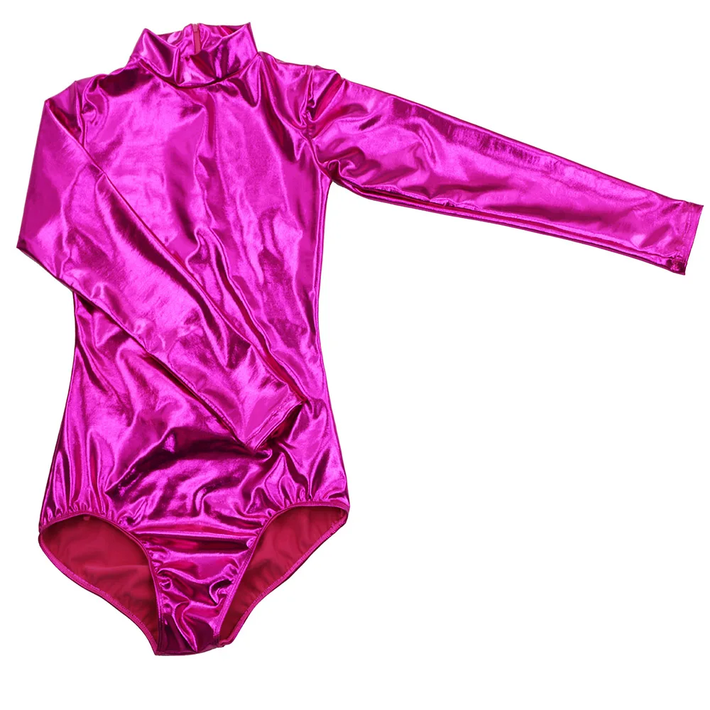 Speerise Women Silver Shiny Metallic Dance Clothes Turtleneck Art Gymnastics Leotard Costumes Ballet Dance Long Sleeve Leotards