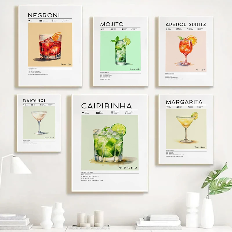 Modern Minimalist Cocktails Mojito Margarita Martini Posters Prints Canvas Printing Wall Art Picture for Kitchen Bar Home Decor