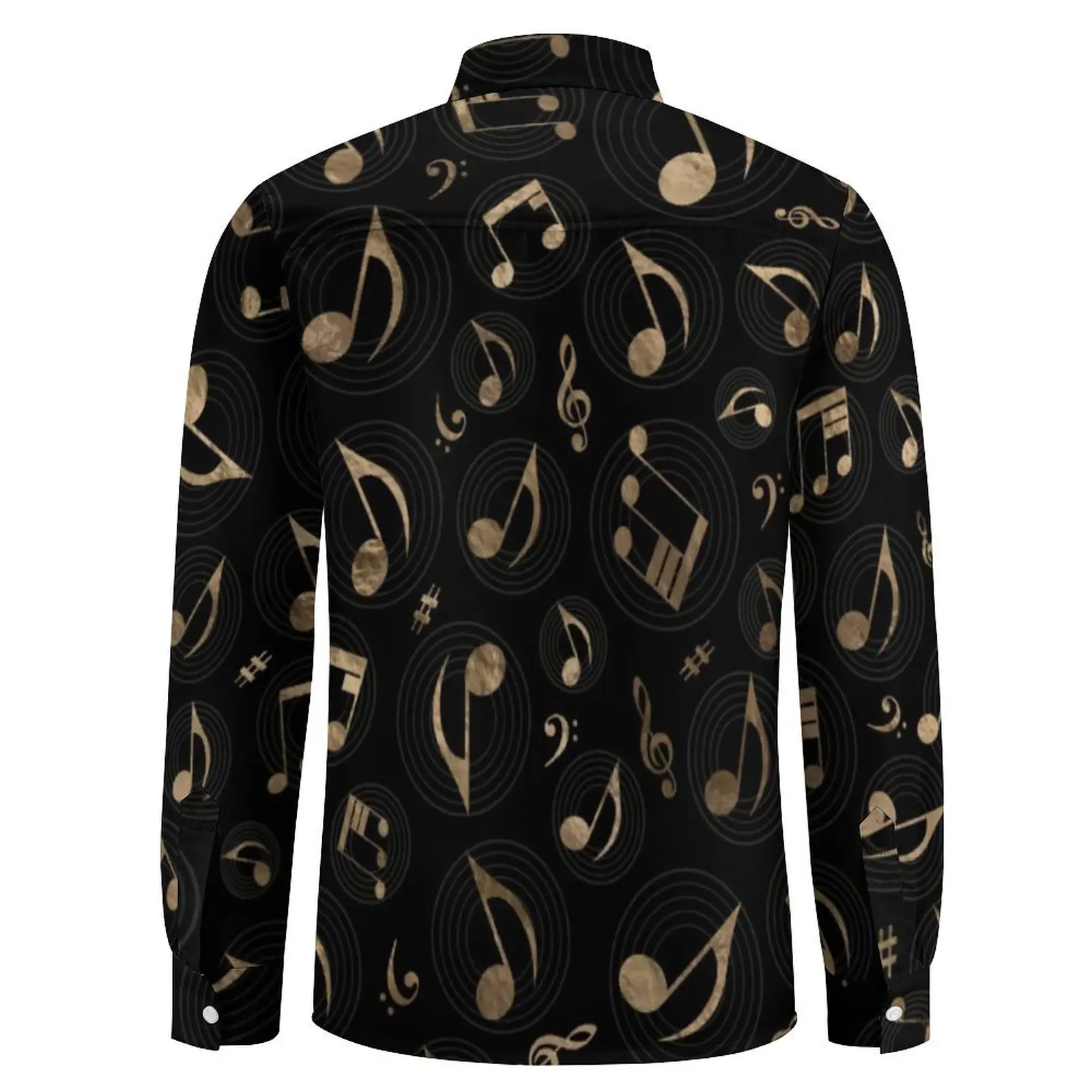 Music Notes Casual Shirt Male Black and Gold Harajuku Shirt Autumn Retro Blouse Long Sleeve Graphic Oversize Top